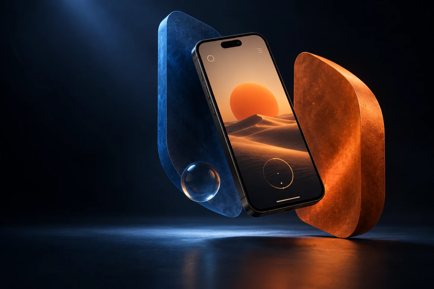 Mobile app creative composed with blue and orange sculptural forms